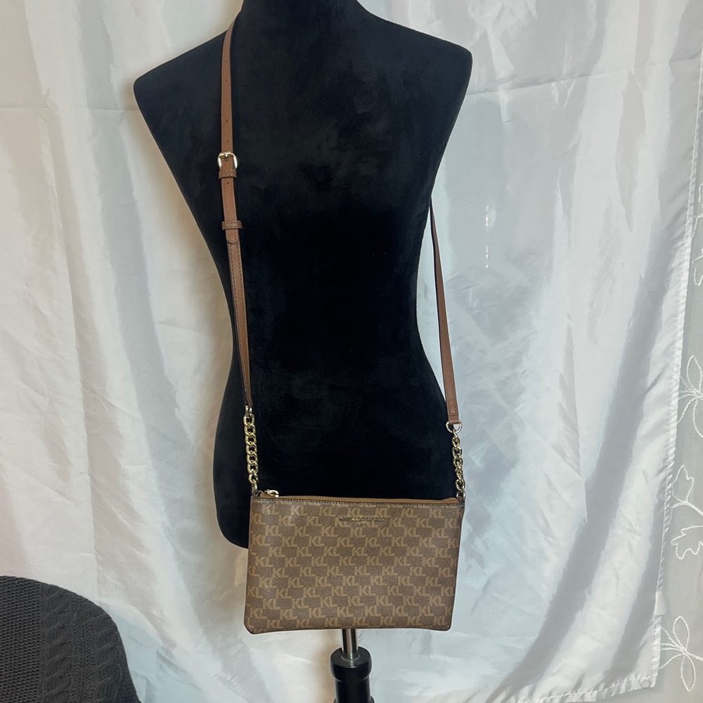 Karl Lagerfeld began leather Brown Crossbody Bag with Gold Chain KL Logo